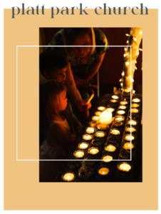 A family lighting candles at Platt Park Church during a serene moment of prayer and reflection.