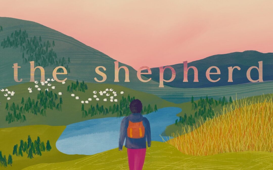 Artistic illustration of a person overlooking a tranquil landscape symbolizing 'The Shepherd's Path'.